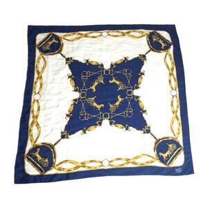 Hermes Women's Vtg RARE SILK Blue Gold Equestrian Horses Square Foulard Scarf